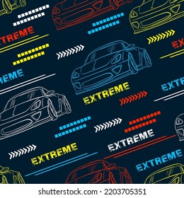 Abstract seamless grunge pattern for boy. Urban style modern background with sport car. Drive and speed modern creative wallpaper for guys. Extreme style