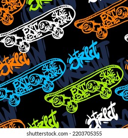 Abstract seamless grunge pattern for boy. Urban style modern background with skateboards. Sport extreme style creative wallpaper for guys.