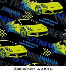 Abstract seamless grunge pattern for boy. Urban style modern background with sport car. Drive and speed modern creative wallpaper for guys. Extreme style