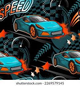 Abstract seamless grunge pattern for boy. Urban style modern background with sport car. Drive and speed modern creative wallpaper for guys. Extreme style