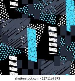 Abstract seamless grunge pattern for boy. Urban style modern background with lines, spray elements, triangle. Extreme modern creative wallpaper for guys.