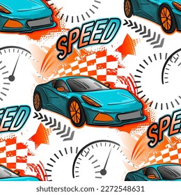 Abstract seamless grunge pattern for boy. Urban style modern background with sport car. Drive and speed modern creative wallpaper for guys. Extreme style