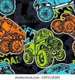 Abstract seamless grunge pattern for boy. Urban style modern background with Monster Truck car, trace of tire. Drive and speed modern creative wallpaper for guys. Extreme style