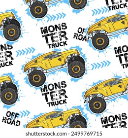 Abstract seamless grunge pattern for boy. Grunge style design with yellow Monster Truck  trace of tire on white background. Drive and speed modern creative wallpaper for guys.