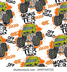 Abstract seamless grunge pattern for boy. Grunge style design with green Monster Truck  trace of tire on white background. Drive and speed modern creative wallpaper for guys.