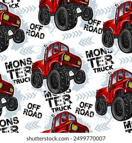 Abstractas patrón de grunge sin fisuras para niño. Diseño de estilo grunge con rastro rojo de Monster Truck de neumático sobre fondo blanco. Conduce y acelera el Fondo de pantalla creativo moderno para chicos.