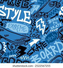 Abstract seamless grunge pattern for boy. Urban style background with skateboards and graffiti words. Sport extreme style wallpaper design for guys.