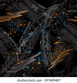 Abstract seamless grunge pattern for boy. Urban style on dark chaos background with trace of tire, lightning, dots and spray bright orange elements. Modern creative wallpaper for guys.