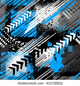 Abstract seamless grunge pattern for boy. Urban style modern background with  squares, stripes, lightning, dots and spray elements. Drive and speed modern creative wallpaper for guys.