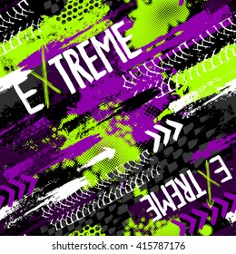 Abstract seamless grunge pattern for boy. Urban style modern background with trace of tire, lightning, dots, stars and spray elements. Drive and speed modern creative wallpaper for guys.