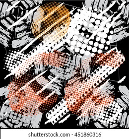 Abstract seamless grunge pattern for boy. Urban style modern background with trace of tire, lightning, dots, stars and spray elements. Drive and speed modern creative wallpaper for guys