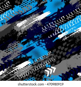 Abstract seamless grunge pattern for boy. Urban style modern background with trace of tire, lightning, dots, stars and spray elements. Drive and speed modern creative wallpaper for guys.