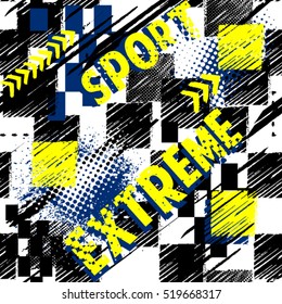 Abstract seamless grunge pattern for boy. Urban style modern background with trace of tire, lightning, dots, stars and spray elements. Drive and speed modern creative wallpaper for guys.