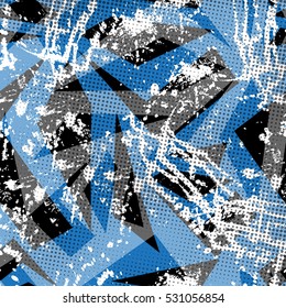Abstract seamless grunge pattern for boy and girl. Creative modern background with original design. Urban style for clothes, textile, sport, fashion. Geometric grunge pattern on the blue background