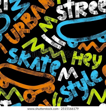 Abstract seamless grunge pattern for boy. Urban style modern background with skateboards. Sport extreme style creative wallpaper for guys. 
