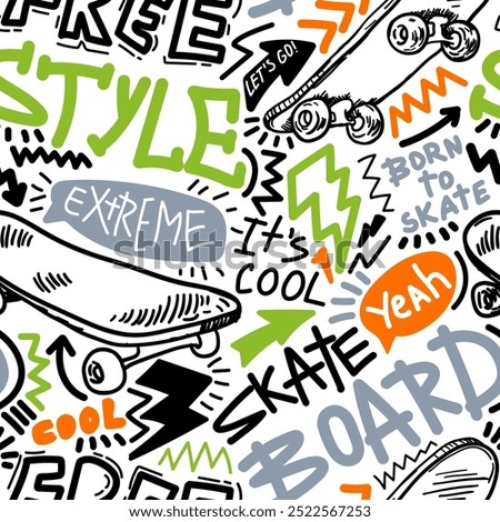Abstract seamless grunge pattern for boy. Urban style background with skateboards and graffiti words. Sport extreme style wallpaper design for guys.