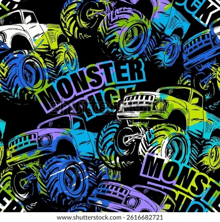 Abstract seamless grunge pattern for boy. Grunge  Monster Truck  trace of tire on colorful background. Extreme style