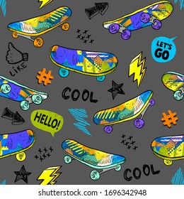 Abstract seamless grunge pattern for boys. Urban style modern background with skateboards. Cool style creative wallpaper for teenager