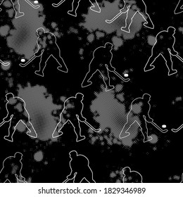 Abstract seamless grunge pattern for boys. Sports wallpaper. Hockey players with gray blots on black background.