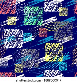 Resumen de patrón de grunge sin fisuras para niños con elementos geométricos sobre fondo azul.