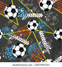 Abstract seamless grunge pattern for boys, sketch drawn of soccer ball, boots, skateboard, sneakers, record player, text.