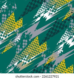 Abstract seamless Grunge pattern with chequered flag shabby shapes on green background. Speed Repeat textured print for sport clothes, wrapping paper