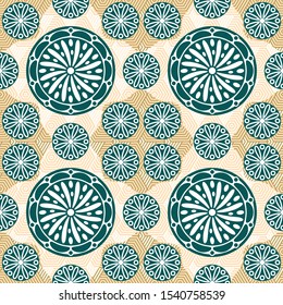 Abstract seamless grunge pattern design for silk scarf pattern with leaves and geometric element. For printing on fabrics, kimonos, hijabs.
