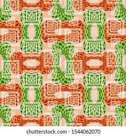 Abstract seamless grunge pattern design for silk scarf pattern with leaves and geometric element. For printing on fabrics, kimonos, hijabs.