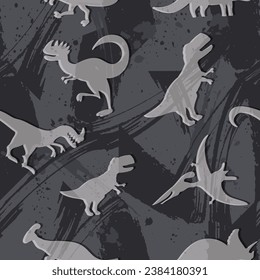 Abstract seamless Grunge pattern with dinosaurs. Dino silhouette on grey Repeat grunge textured background. t rex repeat print for sport textile, boy clothes.