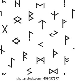 Abstract seamless grunge pattern of Elder Futhark runes on white background. Design element for background, textile, paper packaging, wrapping paper and other. Vector illustration.