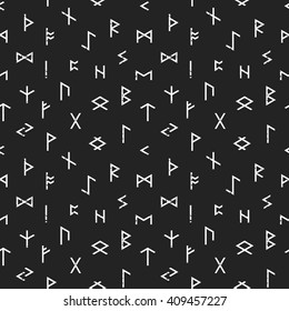 Abstract seamless grunge pattern of Elder Futhark runes on black background. Design element for background, textile, paper packaging, wrapping paper and other. Vector illustration.