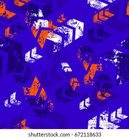 Abstract seamless grunge pattern with geometric shabby element. Colorful arrow repeated backdrop for boys, textile, clothes, wrapping paper. Urban wallpaper