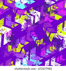 Abstract seamless grunge pattern with geometric shabby element. Colorful arrow repeated backdrop for girls, textile, clothes, wrapping paper.  Urban wallpaper in bright neon colors