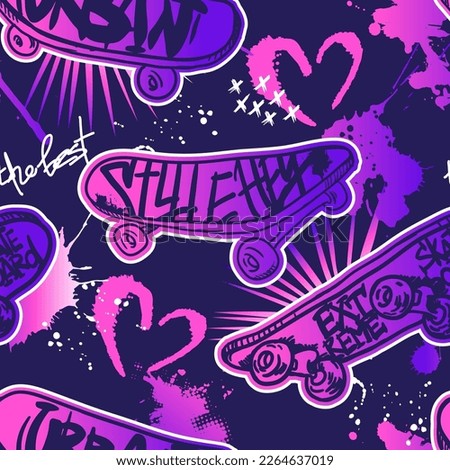 Abstract seamless grunge pattern for girl. Urban style modern background with skateboards. Sport extreme style creative wallpaper for girls