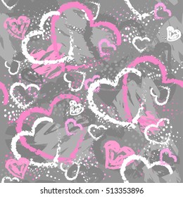 Abstract seamless grunge pattern for girls. Hearts repeated backdrop with shape, dots in bright neon colorful colors. Girlish creative urban design for fashion, sport clothes. Modern background.