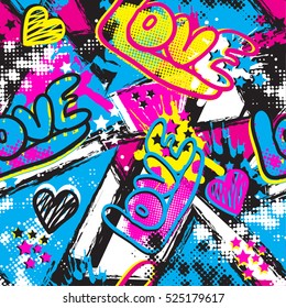 Abstract seamless grunge pattern for girls. Hearts repeated backdrop with love, shape, dots in bright neon colorful colors. Girlish creative urban design for fashion, sport clothes. Modern background.