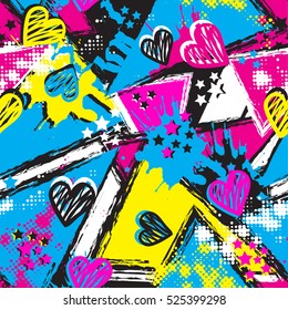 Abstraktes nahtloses Grunge-Muster für Mädchen. Hört wiederholt Hintergrund mit , Form, Punkte in leuchtend neonfarbigen Farben. Girls kreatives urbanes Design für Mode, Sportbekleidung. Moderner Hintergrund.