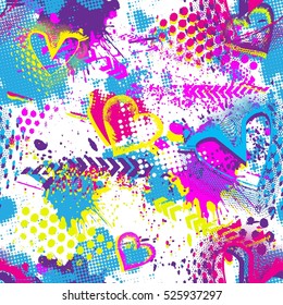 Abstract seamless grunge pattern for girls. Hearts repeated backdrop with hearts, shape, dots in bright neon colorful colors.Girlish creative urban design for fashion, sport clothes. 