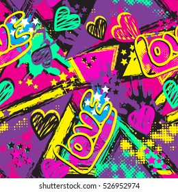 Padrão grunge abstrato sem costura para meninas. Corações repetidas pano de fundo com amor, forma, pontos em cores coloridas néon brilhantes. Design urbano criativo feminino para moda, roupas esportivas. Fundo moderno.