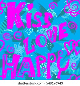 Abstract seamless grunge pattern for girls. Hearts repeated backdrop with love, kiss, shape, dots in colors. Girlish creative urban design for fashion, sport clothes. Modern background.