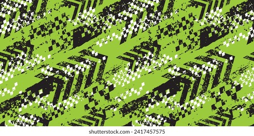 Abstract seamless grunge pattern in green colors. Chequered board and stripes print for sport textile, clothes, wrapping paper. Urban style background with textured geometric wall. Grunge wallpaper