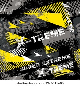 Abstract seamless grunge pattern in grey, black and yellow colors. Grungy repeat print for sport textile, fashion clothes, wrapping paper. Textured endless background with text Super extreme.