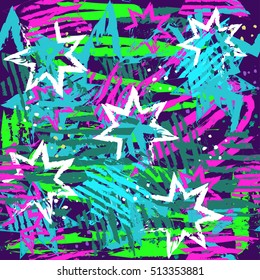 Abstract seamless grunge pattern in grey, black and white colors. Chaotic original design for fashion, sport clothes, girls and boys. Cute girlish wallpaper. Childish Stars repeated backdrop