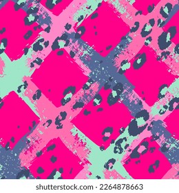 Abstract seamless grunge pattern with grid on pink background and leopards leather repeat print. Grungy geometric wall and cheetah spots for sport textile, fashion clothes, wrapping paper. Wild life