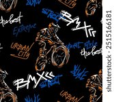 Abstract seamless grunge pattern for guys. Urban style modern background with boy on bicycle BMX and skateboards. Sport extreme style creative wallpaper