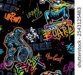 Abstract seamless grunge pattern for guys. Urban style modern background with boy on bicycle BMX and skateboards. Sport extreme style creative wallpaper