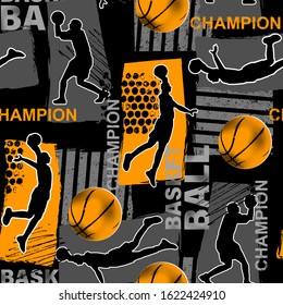 Abstract seamless grunge pattern for guys. Urban style modern background with basketball player. Sport extreme style creative wallpaper