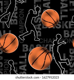 Abstract seamless grunge pattern for guys. Urban style modern background with basketball player. Sport extreme style creative wallpaper