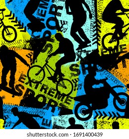 Abstract seamless grunge pattern for guys. Urban style modern background with boy on bicycle BMX, motorcycle and skateboards. Sport extreme style creative wallpaper