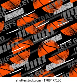 Abstract Seamless Grunge Pattern For Guys. Urban Style Modern Background With Basketball . Sport Extreme Style Creative Wallpaper